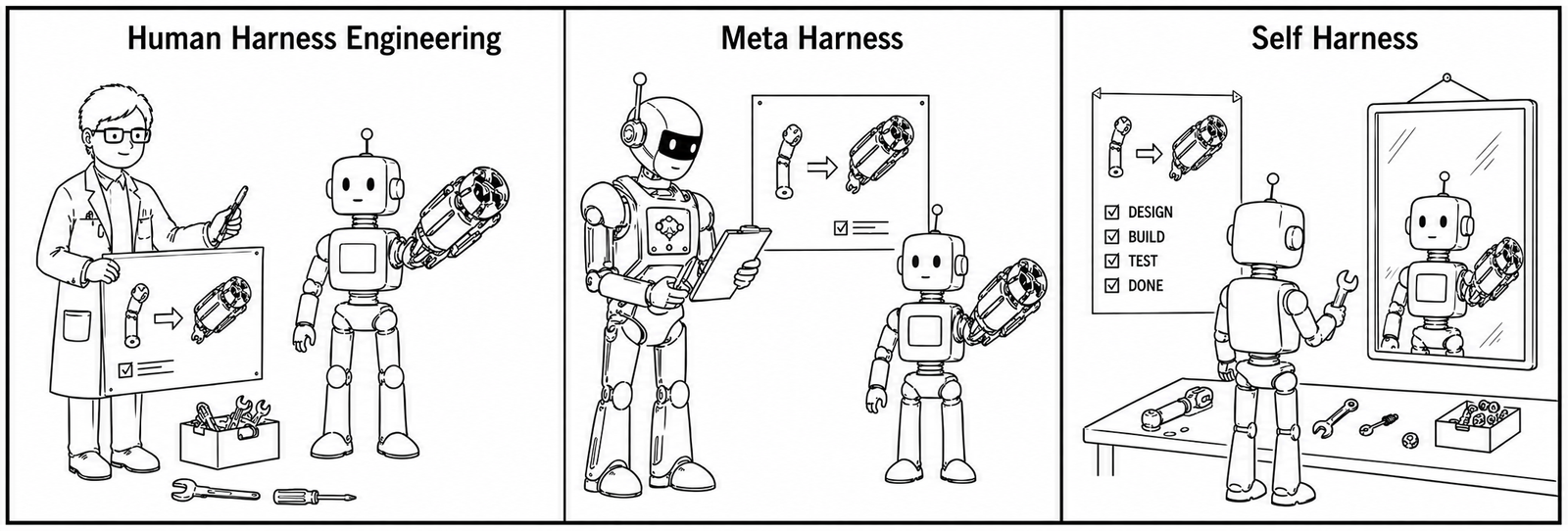 Three paradigms of harness improvement contrasted: human harness engineering (left), Meta-Harness using a stronger external agent (center), and Self-Harness where the agent improves its own operating harness (right)